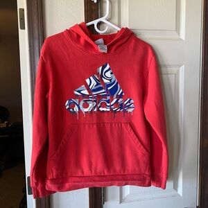 Adidas Red Hoodie with Blue and White Graphic